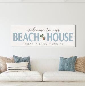 Welcome To Our Beach House - palm tree + surfboard