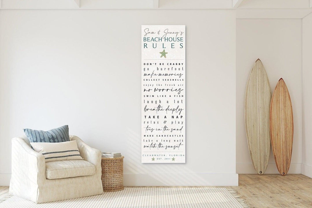 Sample of Beach House Rules custom canvas in a coastal themed room