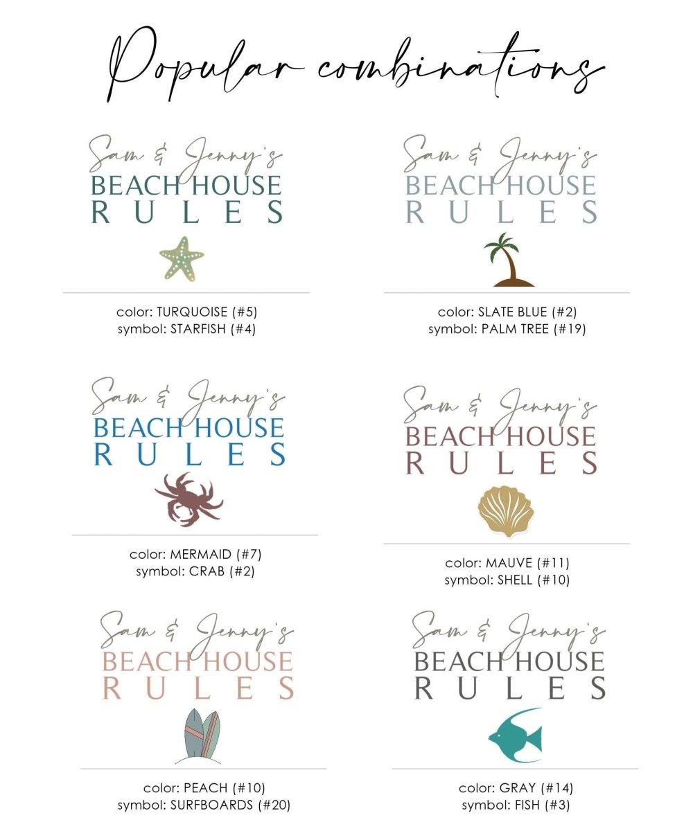 Popular color and symbol combinations for customizing  Beach House Rules canvas sign