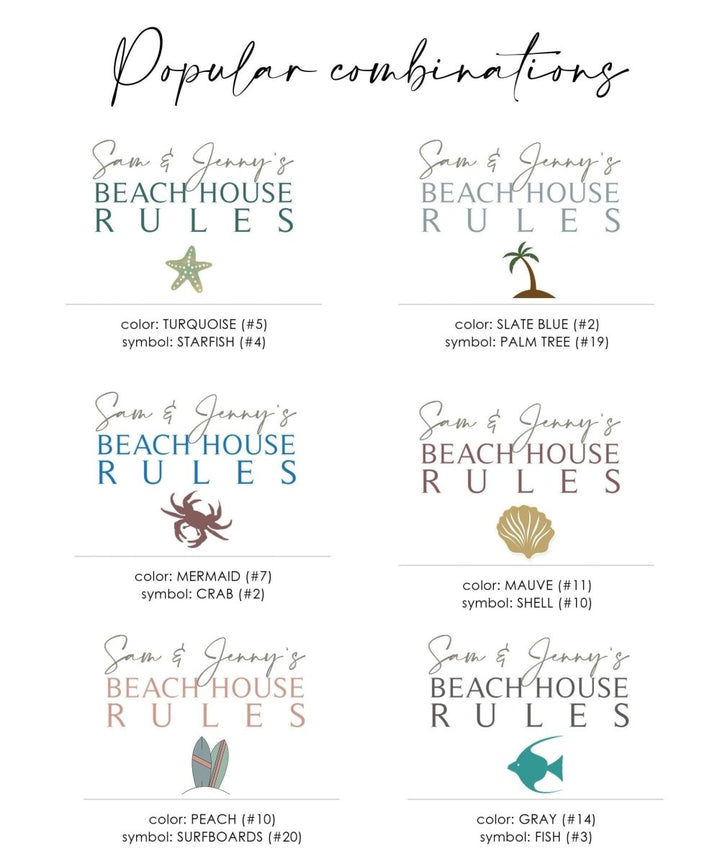 Popular color and symbol combinations for customizing  Beach House Rules canvas sign