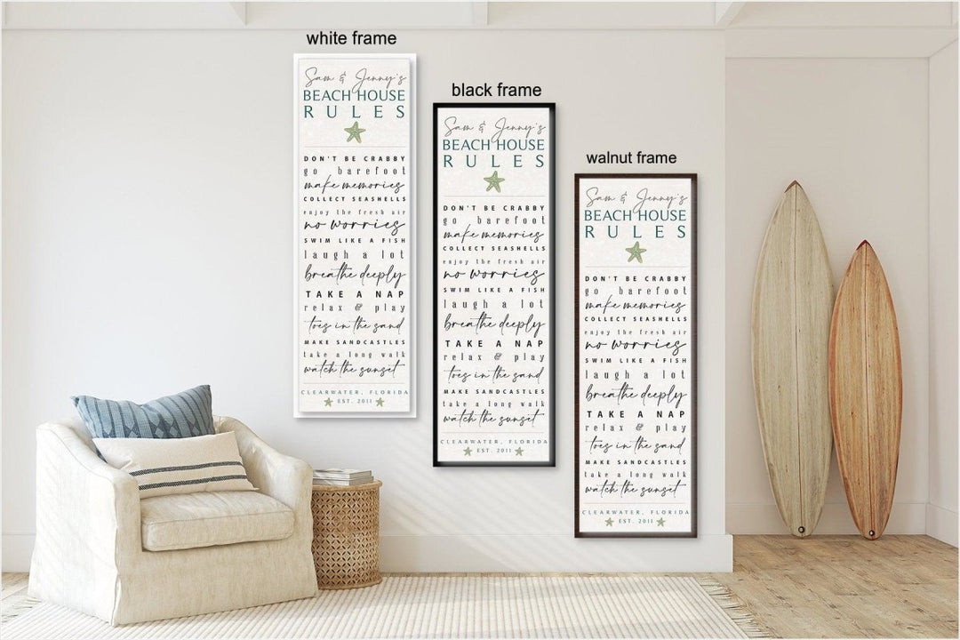Example of three frame choices on the Beach House Rules custom canvas sign
