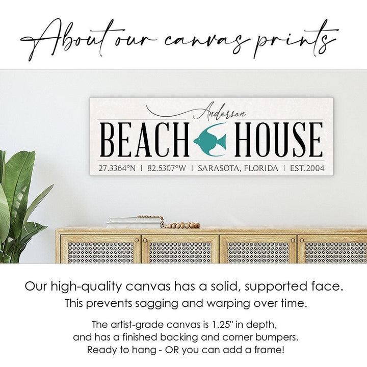 Custom Beach House Canvas Sign, Personalized Coastal Wall Art Decor