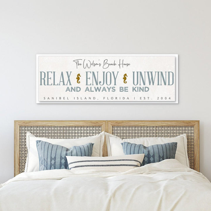 Custom Beach House Canvas Sign, Personalized Gift, Relax Enjoy Unwind Always Be Kind