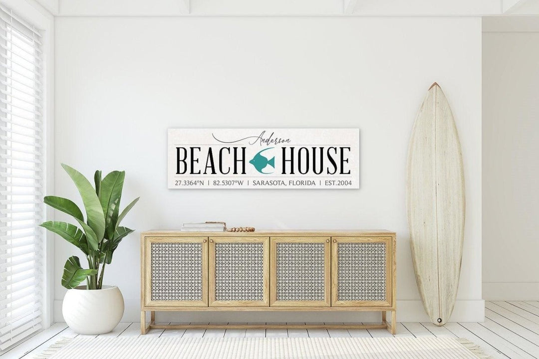 Custom Beach House Canvas Sign, Personalized Coastal Wall Art Decor