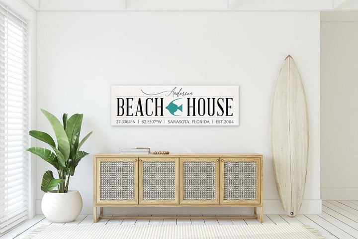 Custom Beach House Canvas Sign, Personalized Coastal Wall Art Decor